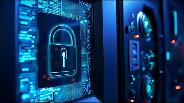 Cybersecurity padlock icon glowing on a server rack in a high-tech data center.