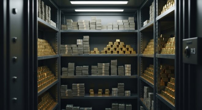 A bank vault interior showcases stacks of cash and gold bars neatly arranged on shelves