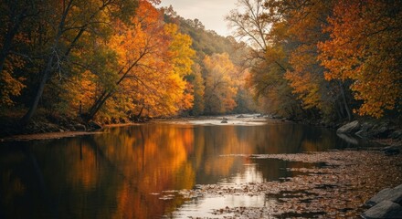 Obraz premium A calm river flows through a vibrant autumn forest, reflecting the colorful trees