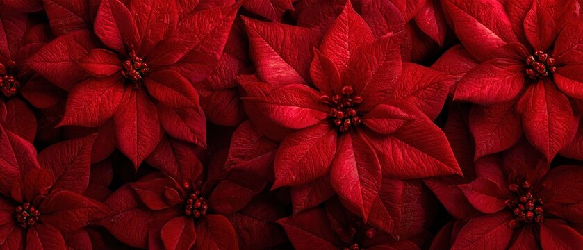 Festive red poinsettia flowers background, closeup vibrant floral arrangement for Christmas holiday season, symbolizing joy and celebration