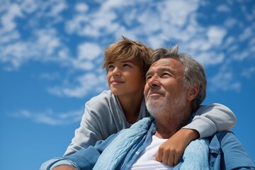 Happy moment: caucasian elderly man and child enjoy sunny day outdoors