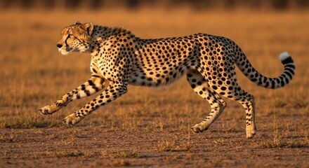A cheetah leaps across a dry, grassy plain, captured in motion with spots and focused gaze