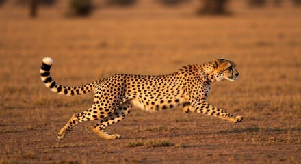 Fototapeta premium A cheetah sprints across a vast, arid grassland under a warm, setting sun