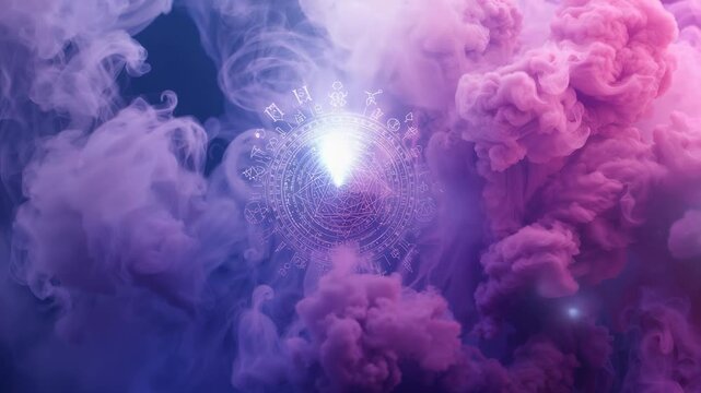 Appearing beam animating astrological chart in purple and pink nebula, illuminating zodiac symbols