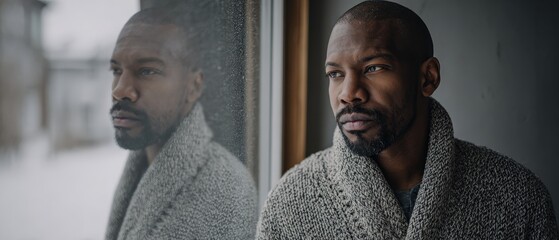 Thoughtful African American man looking out window with reflection Portrait of pensive adult in winter clothing contemplating future with hope and resilience