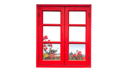 Obraz premium Vintage architecture, old red wooden window frame with red flowers, isolated on transparent background