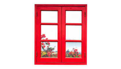 Vintage architecture, old red wooden window frame with red flowers, isolated on transparent background