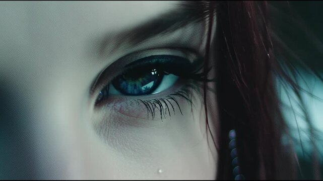 A close-up of a sad cgi womans eye with a tear, looking pensive and emotional.