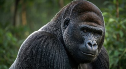 Obraz premium A close-up portrait of a silverback gorilla, with attentive gaze and lush green foliage
