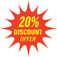 A red starburst seal graphic with yellow text indicating a 20% off discount for sales and promotions.