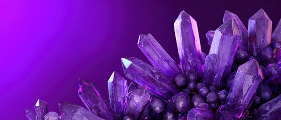 Amethyst Crystals Cluster on Vibrant Purple Background, Gemstone Mineral Specimen for Healing and Meditation Concept of spirituality, geology, and crystal therapy