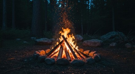 A crackling campfire burns brightly in a dark forest setting, encircled by rocks