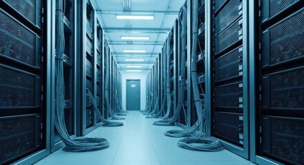 A data center hallway lined with server racks; a blue-toned, tech-focused perspective