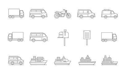 Transport and Delivery Vehicles Line Icons Set – Truck, Van, Motorcycle, Ship, and Mailbox Outline Collection