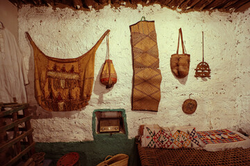 Traditional interior of an old mud house in Saudi Arabia, featuring handmade, a vintage. Heritage and culture Nostalgia background