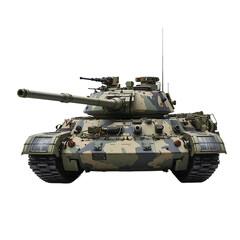 Military main battle tank with camouflage pattern, isolated on a transparent background.