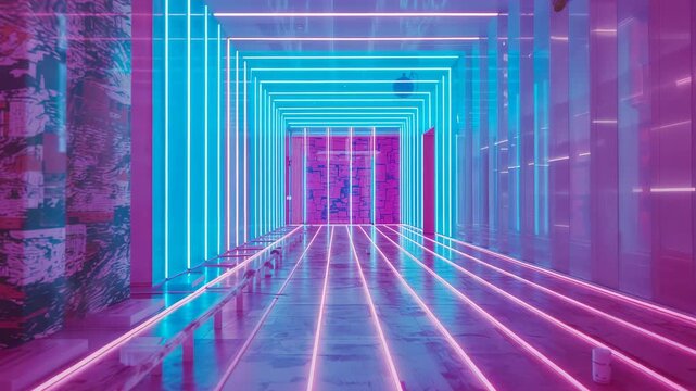 Showing neon-lit corridor in gallery featuring parallel cyan magenta bars and reflective panels