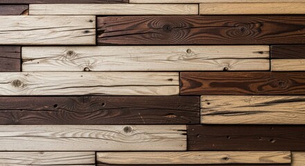 Rustic wooden planks with alternating dark and light brown textures arranged horizontally isolated on white background