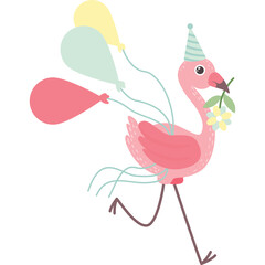 Pink Flamingo Wearing Party Hat Holding Flowers and Balloons In Its Beak Ready For Celebration