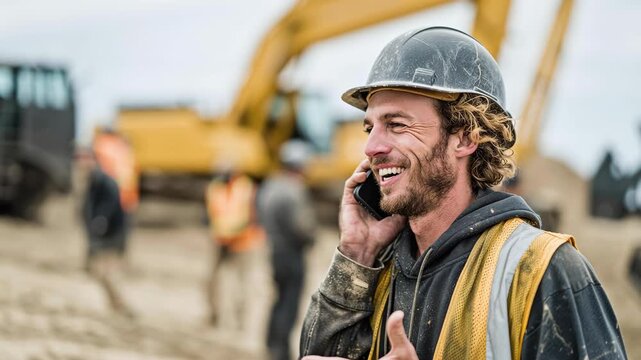 Happy construction worker talks on phone. He's on site with heavy equipment, wearing a hard hat and safety vest. Communication and construction concept.