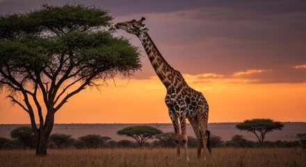 A giraffe reaches for leaves against an acacia and a vibrant, sunset-hued sky
