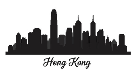 Fototapeta premium Silhouette of Hong Kong's urban skyline, showcasing iconic skyscrapers and buildings against a white background.
