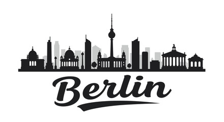 Berlin city skyline silhouette with famous landmarks and the word "Berlin" in a stylized font.