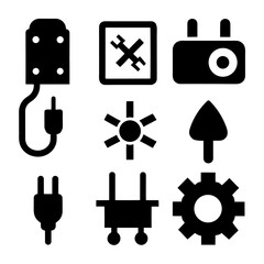 Plug, Switch, Fuse and Cable Icons on White Background.