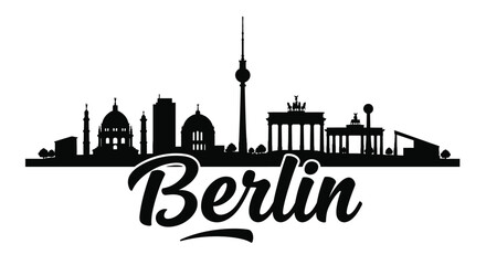 Obraz premium Berlin City Skyline Silhouette with Famous Landmarks and Monuments Black Vector Illustration