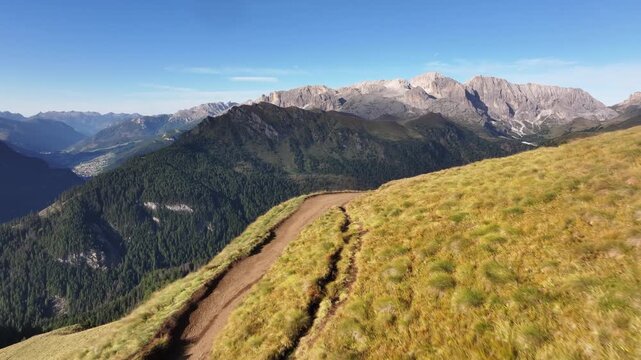 Hiking trail walking around Langkofel