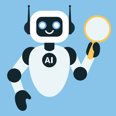 Friendly artificial intelligence robot holding a magnifying glass. Technology, innovation, research and data analysis. Ideal for websites, presentations, educational materials and tech related