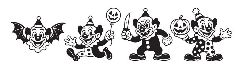 Spooky retro Halloween fun with cartoon clowns and creepy pumpkins for a vintage holiday vibe, perfect for nostalgic party decorations and seasonal celebrations