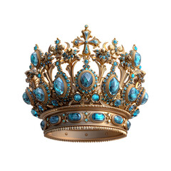 Fototapeta premium A golden crown adorned with blue gemstones isolated on transparent background, a symbol of royalty and power