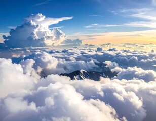 Aerial view of clouds with mountains peeking through a blue sky