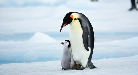Obraz premium A large adult penguin stands protectively beside a smaller chick on a snowy, icy surface