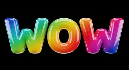 Colorful inflatable letters spelling out the word wow in a vibrant rainbow gradient isolated on white background