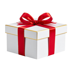Obraz premium Elegant Red Ribbon Gift Box with Gold Accents, isolated on transparent background