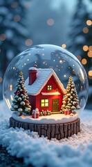 A cozy red house with glowing windows sits beside a festive Christmas tree inside a snow globe, surrounded by twinkling lights and falling snow against a dreamy winter backdrop.
