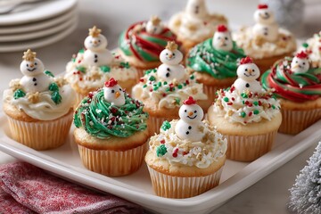 A large platter of frosted cupcakes decorated with red, green, and white swirls, topped with tiny sugar snowmen and stars