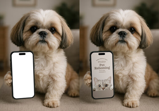 Adorable Dog Holding Smartphone Screen Mockups PSD