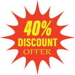 A red starburst seal graphic with yellow text indicating a 40% off discount for sales and promotions.