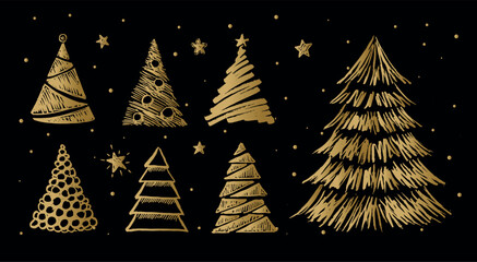 Christmas gold tree and gift on black hand drawn illustrations.	

