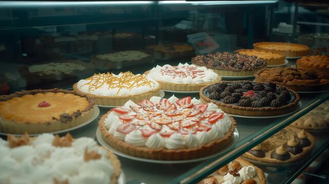 Panning camera gliding across pastry display case at pastry shop, showing cream and fruit tarts