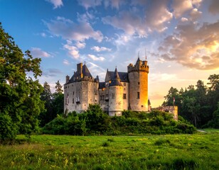 Historic castle set on a grassy hill beneath a colorful, cloudy sky