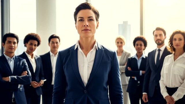 Confident business team standing together in a modern office with city skyline in the background