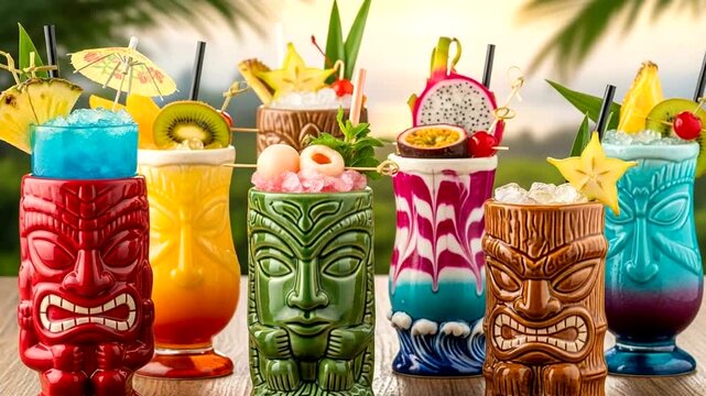 Colorful tropical cocktails served in tiki mugs against a vibrant sunset backdrop with palm trees