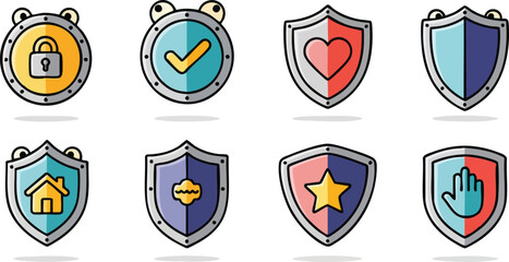 Pixel Art Shields With Icons Lock Check Mark Heart Home Star And Hand In Retro Style