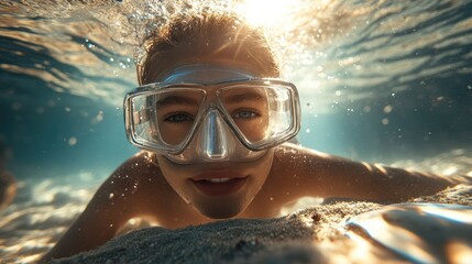 Joyful child explores vibrant ocean depths with captivating snorkel mask and sunlit water creating magical underwater adventure