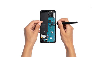Close up Technician is Repairing Smartphone Isolated on Transparent Background, Top View