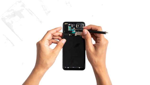 Close up Technician is Repairing Smartphone Isolated on Transparent Background, Top View